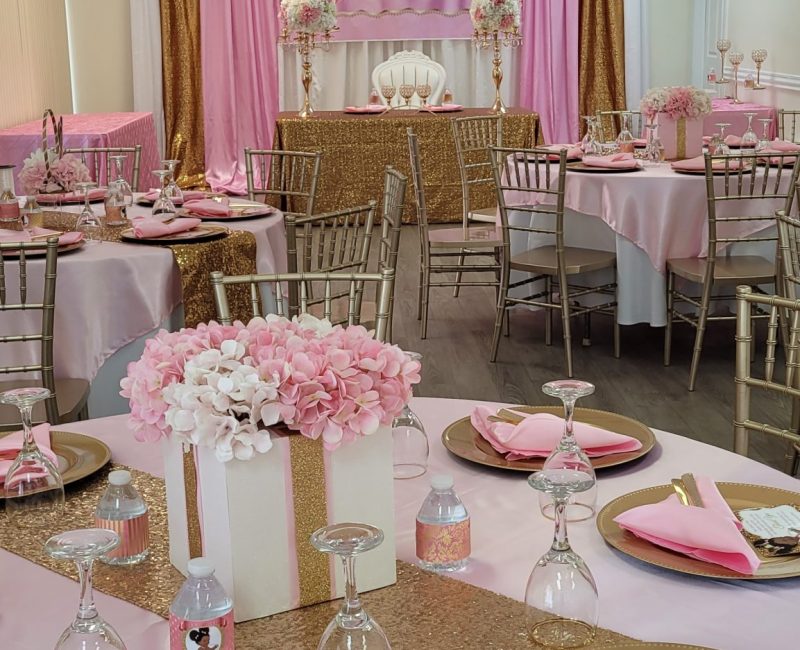 Event Decor Setup by The Party Place Banquet & Events Venue in Orange Park, Florida -Pink and Gold Baby Shower Theme