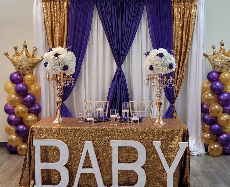 Event Decor Setup by The Party Place Banquet & Events Venue in Orange Park, Florida -Purple and Gold Baby Shower Theme