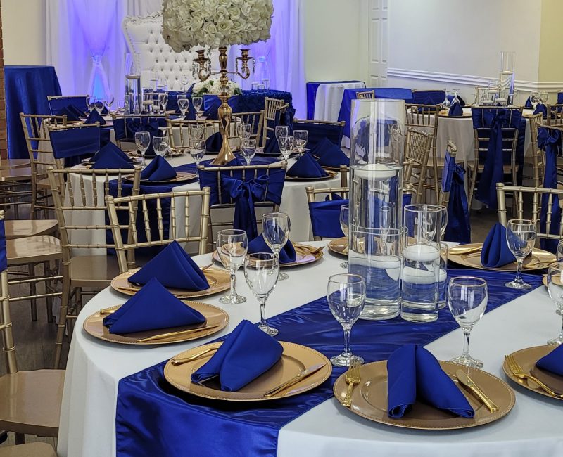 Event Decor Setup by The Party Place Banquet & Events Venue in Orange Park, Florida -Royal Blue, Gold, and White Theme
