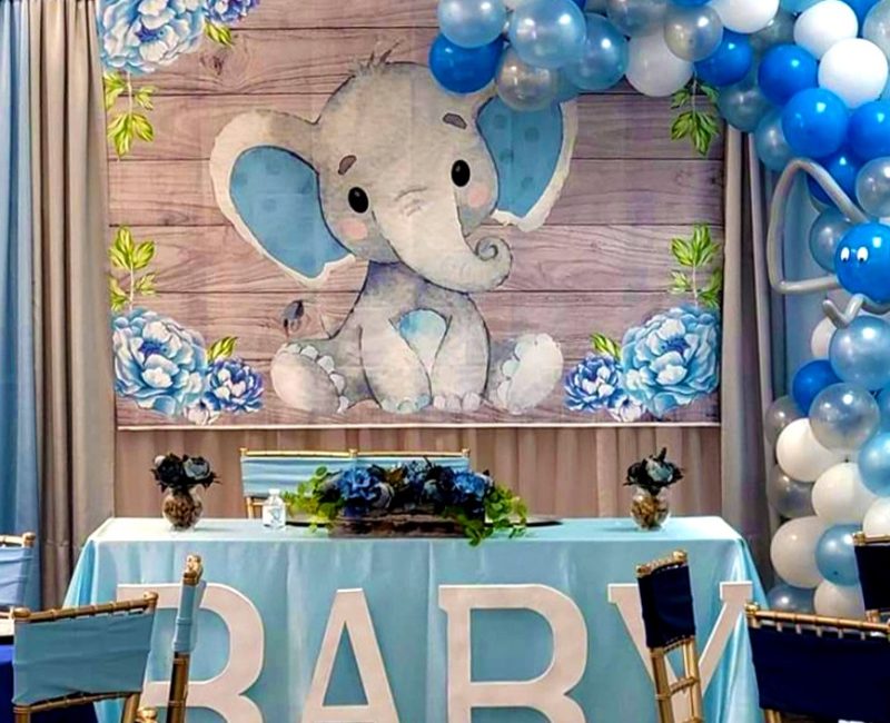 Event Decor Setup by The Party Place Banquet & Events Venue in Orange Park, Florida -Blue Elephant Cute Baby Shower Theme